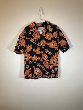 Alohawears Made in Hawaii Orange Hibiscus Floral Print Button Down Shirt Size M